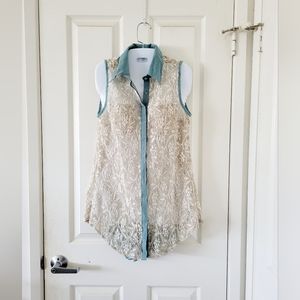 Ryu | NWT Pretty Beige/Teal Sheer Lacy Pleated Sleeveless Top (SIZE M)